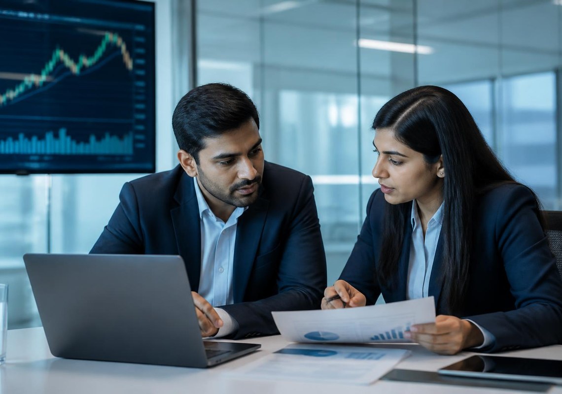 Two advisers reviewing financial documents at a laptop