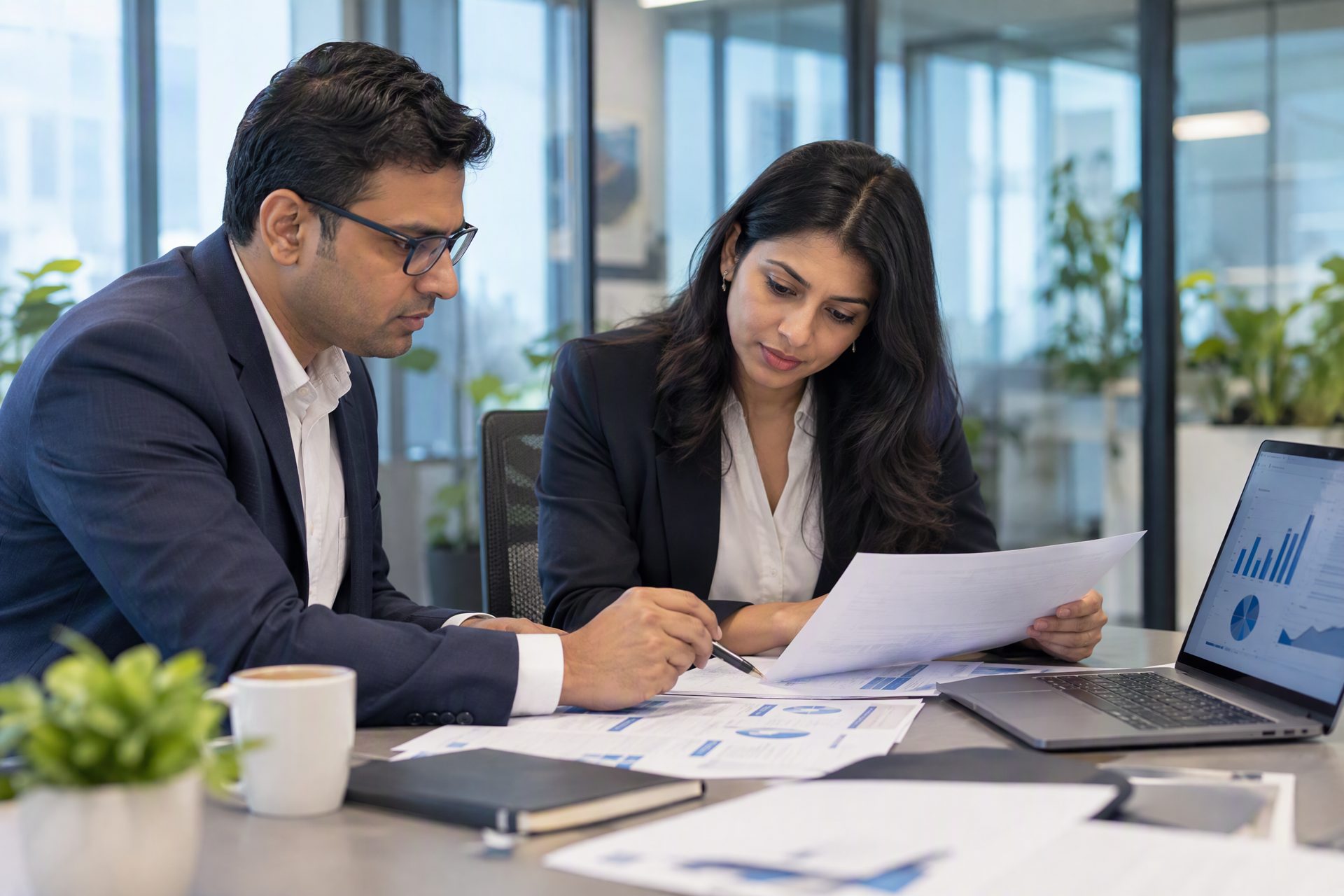 Two advisers reviewing financial documents at a laptop